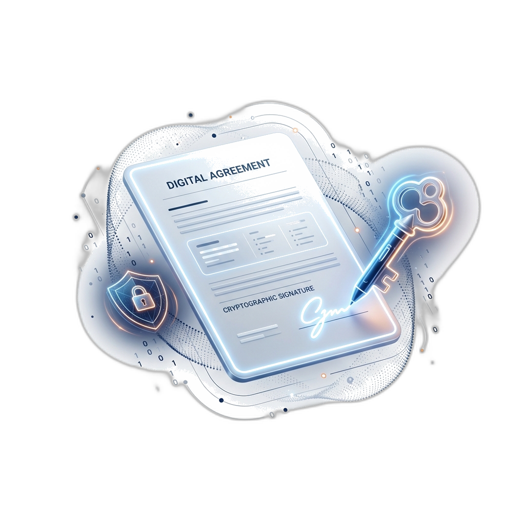 Ilustracion de firma electronica segura con documento digital, escudo de seguridad y criptografia